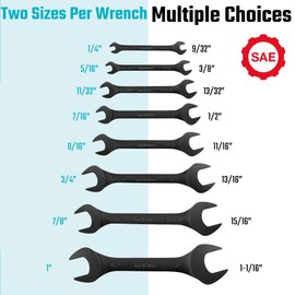 DURATECH Super-Thin Open End Wrench Set, SAE, 8-Piece,1/4" to 1-1/16", Black Electrophoretic Coating, with Rolling Pouch