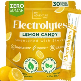 Zero Sugar Lemon Candy Electrolytes Sticks - Refreshing Hydration - Caffeine Free Energy with All Natural Ingredients - Vegan, Keto & Paleo - Sugar Free Electrolytes Powder Drink Mix - 30 Sticks