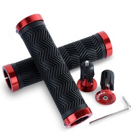 Lycaon Ergonomic Bicycle Grips with 2 Stretchable Aluminium End Caps, Bicycle Handlebar Grips for BMX/Dirt/Downhill/Kids/MTB/Mountain/Road/City/Bike/Scooter, red