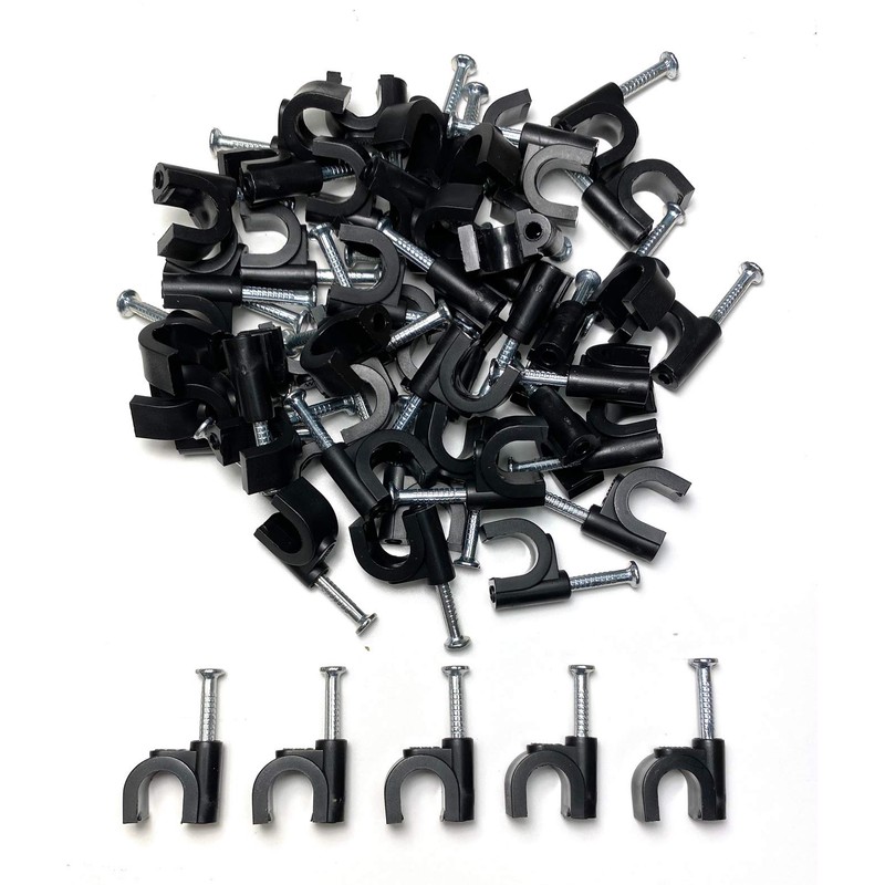 100 x 8mm Black Round K-Type Cable Clips with Nail