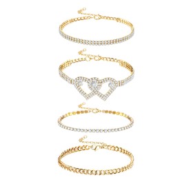 Dochais Pack of 4 Sparkling Diamond Anklets for Women, Rhinestone Waterproof Boho Sparkling, Women's Shiny Anklets, Adjustable Summer Charm Foot Jewellery Bangle 21 + 8 cm, Metal