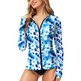 UPF 50+ Rash Guard for Women Full Zip Swimming Top Lightweight Quick Dry Thumb Hole Rashguard S Tie Dye Blue