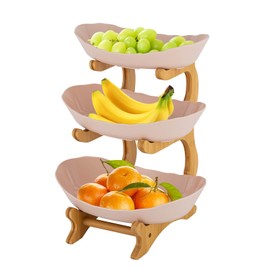 Gbonklong 3 Tier Fruit Bowl Basket, Plastic Oval Bowl Set for Fruit&Snack, Fruit Holder with Bamboo Wood Stand, Server Tray Fruit Basket for Fruit Vegetable Storage (Pink)