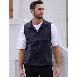Gihuo Men's Fishing Vest Utility Vest Casual Outdoor Quick Dry Safari Travel Golf Vest Work Vest (Navy 02, Medium)