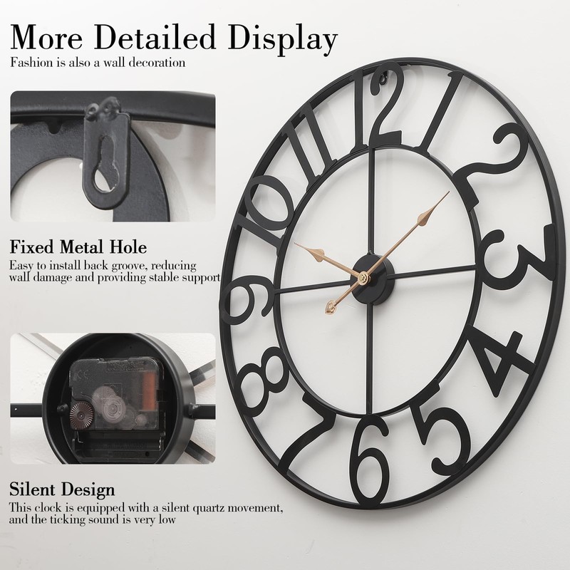 AMAATE Black Gold Cutout Numeral Metal Wall Clock Modern Industrial
