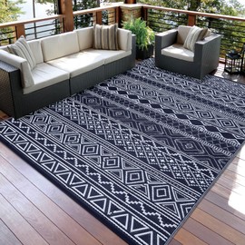 GarveeHome Outdoor Rug 6x9 Reversible Portable Plastic Straw Camping Rugs for Outside Waterproof Mat for Patio,Deck,Porch,Balcony Reversible RV Camping Rug Picnic Mat, Navy/White(Boho)