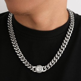 KRKC&CO 12 mm Men's Curb Chain with Lion Head/Skull Clasp, 18K Gold Plated Cuban Link Chain, Stainless Steel Miami Cuban Link Chain, Hip Hop Necklace for Men Boys [Size 46-61 cm], Stainless Steel