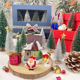 NotiGat Miniature Christmas Pine Tree Mini Bottle Brush Christmas Trees Table top Village Winter Tree for Christmas Decorations Wooden Bases （36pcs）