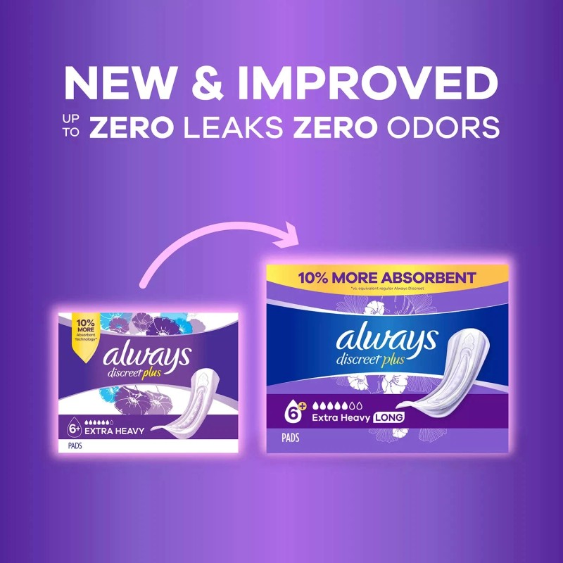 Always Discreet Incontinence Pads Extra Heavy Long, 90 Ct, Plus