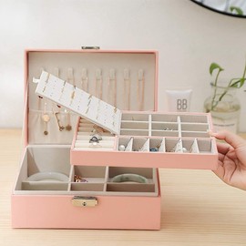 ANNA TOSANI Caja de joyería de Cuero, Organizador de joyas con Cerradura 2 Capas Organizador Estuche Joyero de Viaje Joyero Pequeña Portátil Joyero caja de almacenamiento de joyas con cierre separador extraíble para Pendientes Anillos Collares Almacenamie
