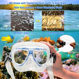 Kids Snorkeling Set with Fins Anti Leak Snorkeling Gear for Kids with Adjustable Flippers, Youth Junior Full Dry Snorkel Set Swimming Goggles with Nose Cover Diving Mask Scuba with Bag, 5-14 Yrs