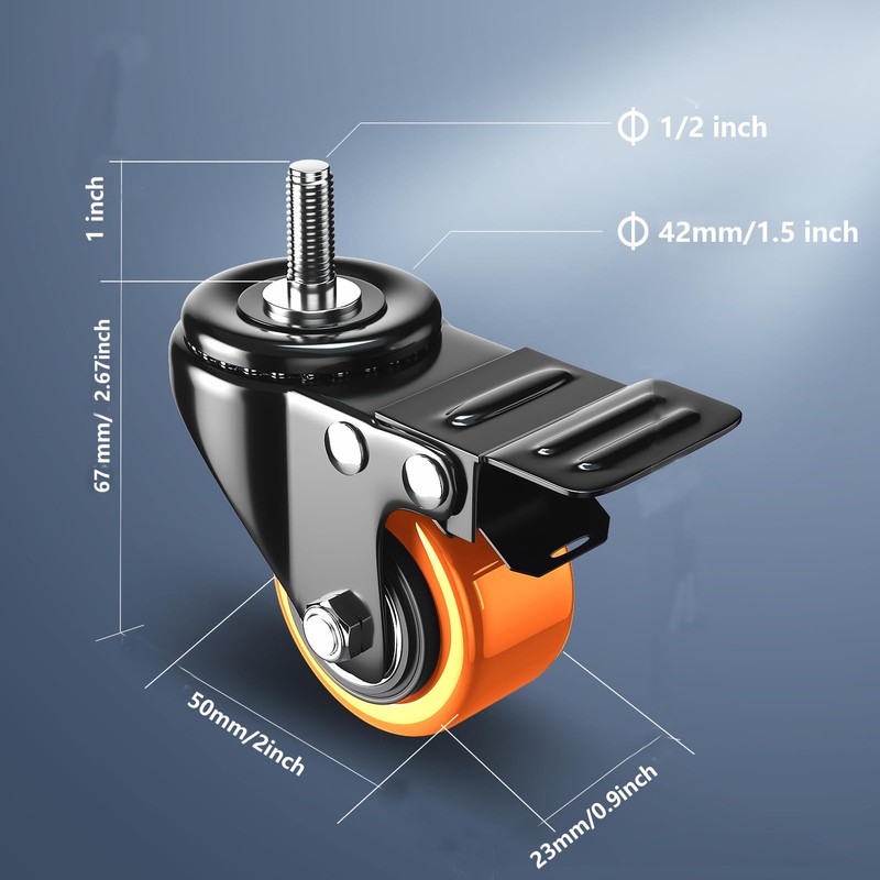 Stem Caster Wheels 2 inch Heavy Duty, Swivel Threaded Stem