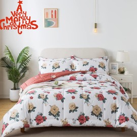 Lemfux 100% Cotton Twin Size Shabby Floral Chic Comforter Set, Elegant White Down Alternative Quilted Bedding Sets, Vintage Reversible Lightweight Flower Printed Comforter, All-Season Used, 3Pcs