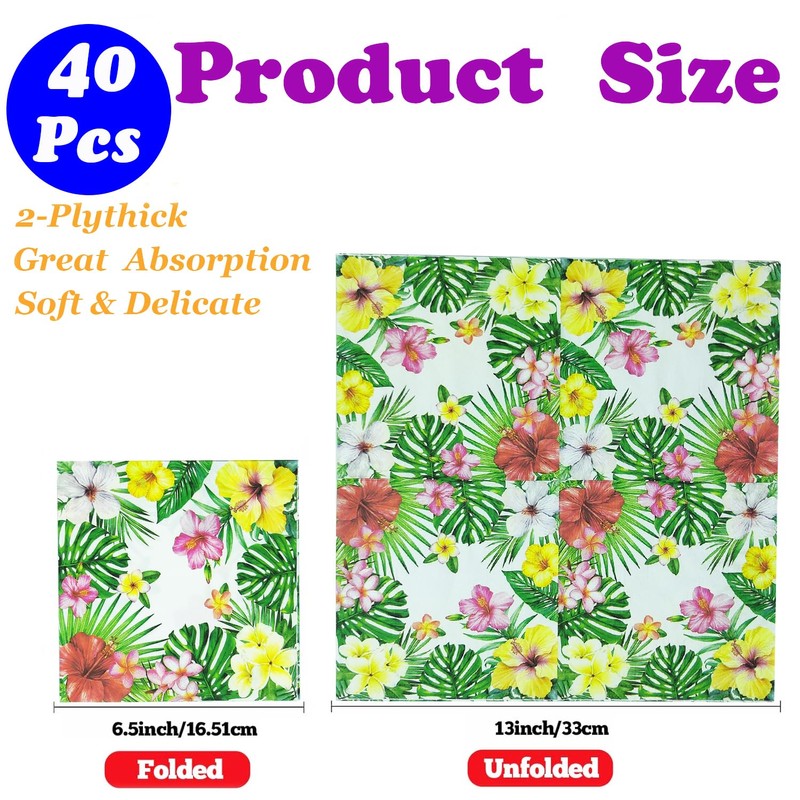 40Pcs Tropical Hibiscus Floral Greenery Paper Napkins, 6.5in