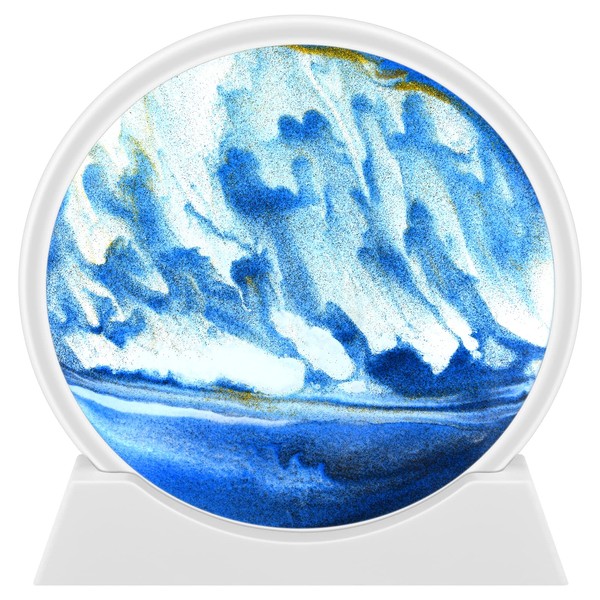 Morcheiong Moving Sand Art Picture, Deep Sea Blue 3D Round Glass Flowing Sand Decor for Desktop Office Home(10in, Blue)