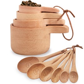 10 Piece Measuring Cups and Measuring Spoons Set, Handcrafted Wood Measuring Cups with Tablespoon Teaspoon Measuring spoons for Dry Ingredients, Natural Wooden Measuring Set for Cooking Baking