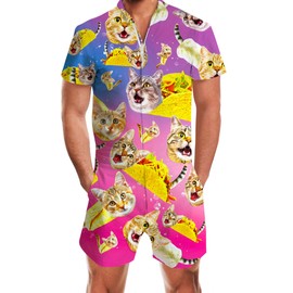 Goodstoworld Mens Jumpsuit Funny Taco Cat Male Romper Rave Adult Boys Summer Beach Party Jumpers Overall Cargo One Piece Pant Short Outfits