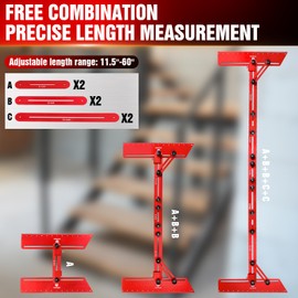 Stair Tread Template Tool, Stair Tread Gauge Measuring Tool jig with Angled Brace and Edge Flip Stops, Adjusting Length from 11.5" to 60", Solid Aluminum Alloy for Cutting Perfect Stairs