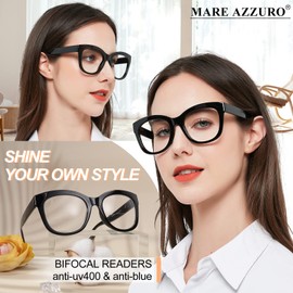 MARE AZZURO Oversized Bifocal Reading Glasses +2.0 Women Blue Light Blocking Readers 1.00 1.25 1.50 1.75 2.00 2.25 2.50 2.75 3.00 3.50 (Black, 2.0)