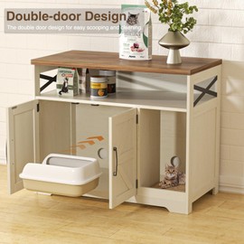 Halitaa Cat Litter Box Enclosure, Hidden Litter Box Furniture with Scratch Pad, Farmhouse Indoor Cat House Washroom End Table, White