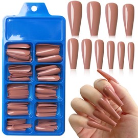 EternalClassic Coffee Acrylic Press on Nails Long Coffin Press on Nails 100pcs Fake Nails Kit Full Cover Nails Press ons Ballerina False Nails Sets Glossy Stick on Nails for Women