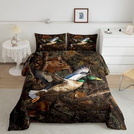 Duck Kids Comforter Set Queen Size,Camo Dead Branches Rustic Farmhouse Bedding Set,Girls Boys Adults Room Decor,Bird Animals Hunting Adventure Down Comforter,Brown Retro Duvet Insert,2 Pillowcases