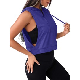 Remidoo Womens Sleeveless Hoodies Open Side Workout Activewear Crop Tank Top Blue Large