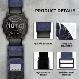 SumRioo QuickFit 22 mm Strap for Garmin Fenix 7/6/5/Fenix 7 Pro Solar/7 Pro/7 Solar/6 Pro Solar/6 Pro/6 Solar/5 Plus, Nylon Replacement Strap for Garmin Epix 2 47 mm/Forerunner 965/955/945/935, Blue