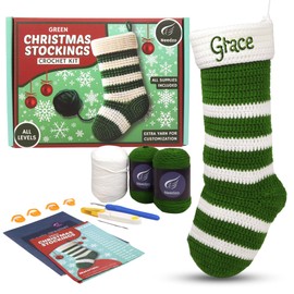 Green Christmas Stocking Crochet Kit, DIY Amigurumi Craft Knitting Starter Set, Step-by-Step Video Tutorials and Printed Instructions, Extra Yarn for Name