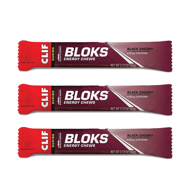 CLIF BLOKS Energy Chews - Black Cherry with 50mg Caffeine - Non-GMO - Plant Based Food - Fast Fuel for Cycling and Running-Workout Snack (2.1 Ounce Packet, 3 Count)