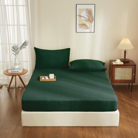 YASMENG Double Muslin Fitted Sheet 140 x 200 cm 100% Cotton Dark Green Muslin Bed Sheet 140 x 200 cm Cotton Soft Breathable Cuddly Fitted Sheet Box Spring Bed Suitable for 30 cm Mattress