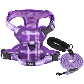 PUPTECK No Pull Dog Harness and Leash Set with Handle Reflective Adjustable Padded Vest Escape Proof for Small Medium Large Dogs Walking Training Hiking, Plaid Purple M