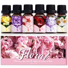 SNOWSEN Floral Essential Oil Set, 6 Pure Flower Scents-Jasmine, Cherry Blossom, Lilac, Rose, Lavender, Freesia, Essential Oils Perfect for Diffusers, Humidifiers, Cleaning, DIY Soaps, and Candles