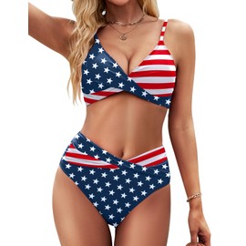 Zojuyozio Women Two Piece Swimsuit Twist Front Bikini Sets High Waisted Adjustable Straps Bathing Suit Americaflag S