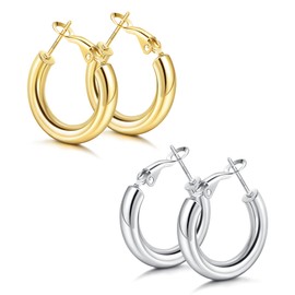 Dochais 2 Pairs 5mm Thick 14k Gold Plated Chunky Hoop Earrings for Women,925 Sterling Silver Post hoop,Lightweight Large Hoop Earring,Hypoallergenic Earrings 25-60mm