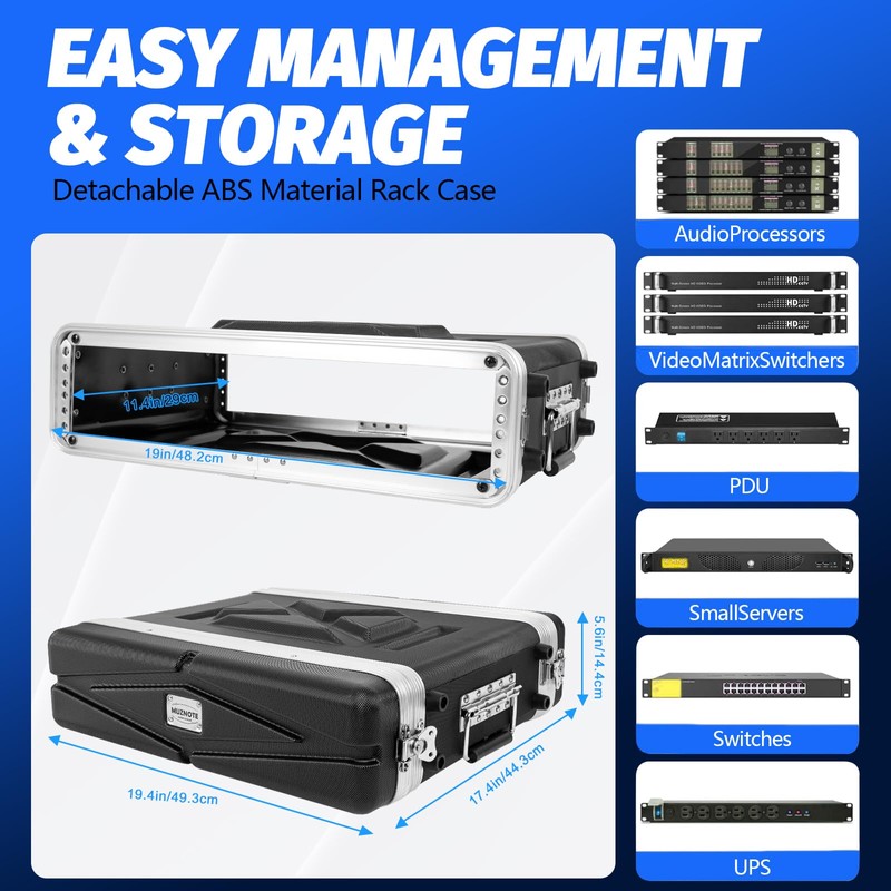 MUZNOTE 2U ABS Rack Case Shallow 12" Depth,19" Rackmount Flight