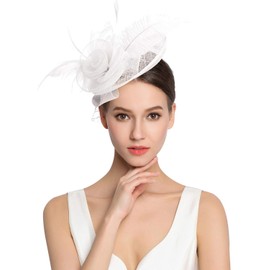 Z&X Sinamay Fascinator Pillbox Hats for Women Feather Flower Church Derby Headband Clip Wedding Tea Party Hat White