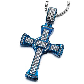 COOLSTEELANDBEYOND Mens Women Large Steel Blue Cross Pendant Necklace with Cubic Zirconia and 30 inches Wheat Chain