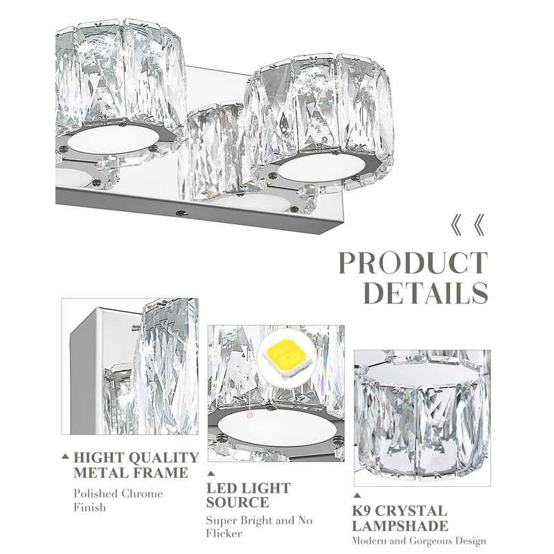 Cargifak LED Crystal Bathroom Light Fixtures, 3-Light Vanity Lights, Bathroom