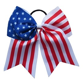 New "AMERICAN FLAG" Cheer Hair Bow Pony Tail 7 Inch Cheerleading Practice Football Games Uniform Hairbow Grosgrain Ribbon 4th of July Patriotic Stars & Stripes