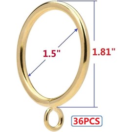 36Pcs 1.5-Inch Inner Diameter Metal Curtain Rings with Eyelets,Fits Up to 1 1/4-Inch Rod,4 mm Diameter Wire (Gold-36pcs)