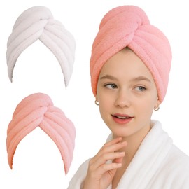kaiyaya Pack of 2 Microfibre Hair Towel Hair Turban with Button Long and Thick Hair Quick Hat Turban Drying with Button Design for Bath Spa Pool Colours (White + Pink)