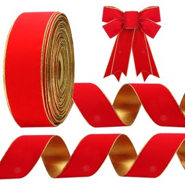 60Yards Red Velvet Ribbon 2.5" Wide Christmas Tree Vintage Red Velvet Ribbon with Gold Edge for Gift Wrapping Indoor Outdoor Bows Xmas Trees Decoration Trimmings Gifts Wreaths Home Decor Tree Topper