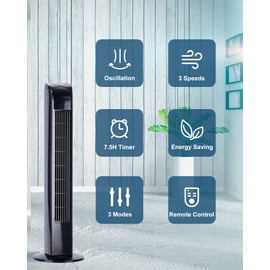 Uthfy Oscillating Tower Fan with Remote, Electric Standing Tower Fan Floor Fan for Bedroom Indoor Office and Home Use,Quiet Cooling Portable Bladeless Tower Fans, 30 inchs, Black Tower Fan