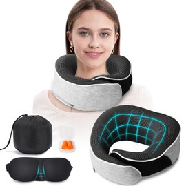 MILADO Reisekissen, verbessertes Nackenkissen aus 100% Memory-Schaum für Reisen, ergonomisches Design, weiches Reise-Nackenkissen für Flugzeug, Set mit 3D-konturierten Augenmasken (Hellgrau)