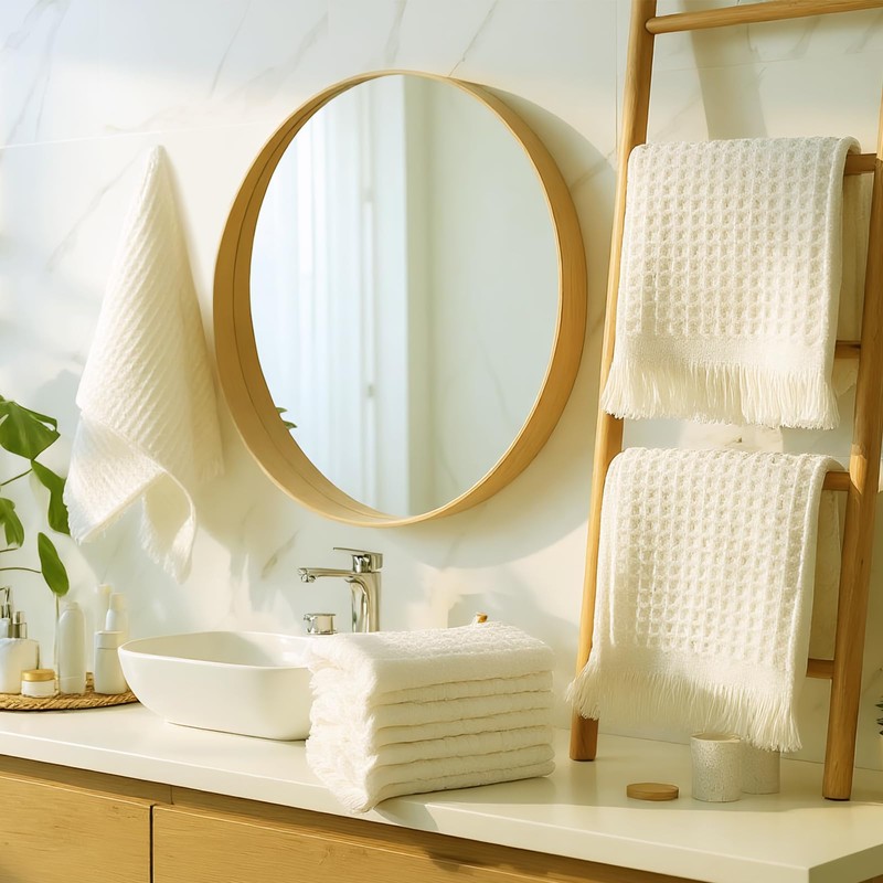 SmoothNovelty 6 Pcs Boho Bathroom Hand Towels Set Beige Waffle