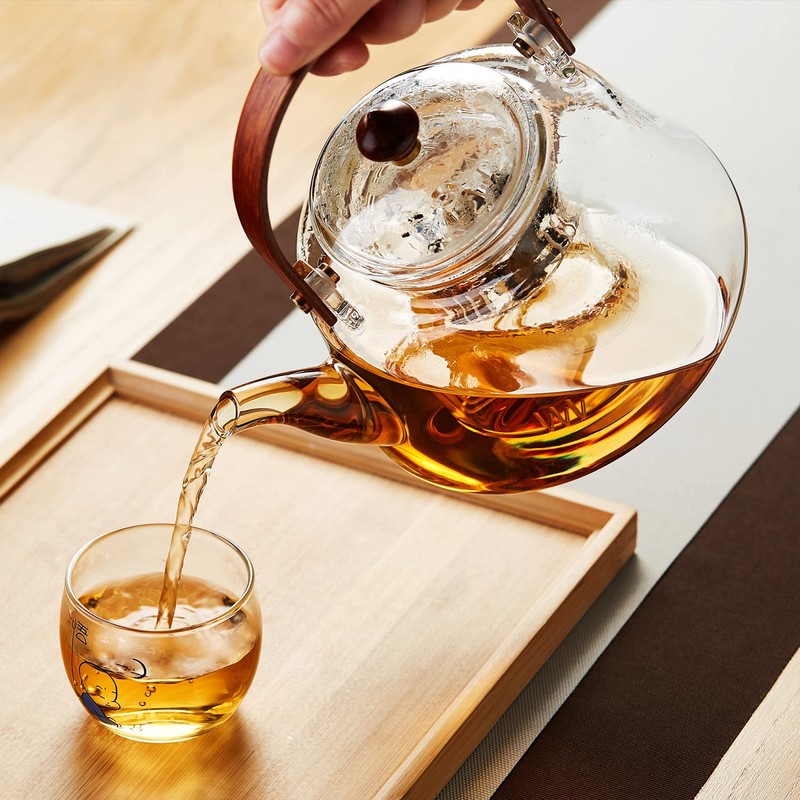 40oz Glass Teapot with Anti-Drip Spout, Peach Wood Handle and