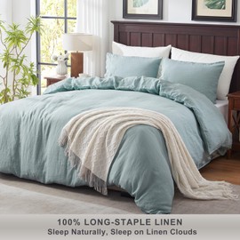 TOSMO Linen Duvet Cover Set, 100% French Flax Natural Linen Bedding 3pcs Set, Soft Breathable for Hot Sleepers 1 Duvet Cover and 2 Pillowcases (Aqua, Queen)