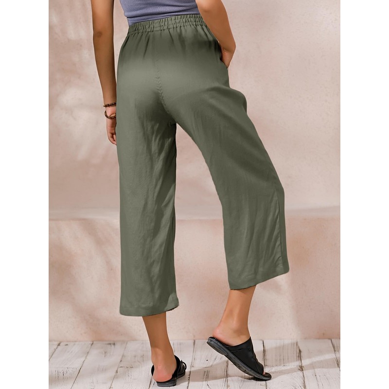 ECUPPER Womens Linen Cropped Pants Loose Casual Capri Cotton Wide