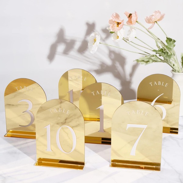UNIQOOO Gold Mirror Arch Wedding Table Numbers with Stands 1-20,